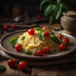 Capellini pasta with cherry tomatoes, basil, and parmesan on a rustic plate