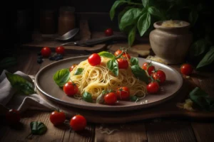Capellini pasta with cherry tomatoes, basil, and parmesan on a rustic plate