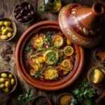 Authentic Moroccan tagine served in a traditional clay pot with preserved lemons and herbs