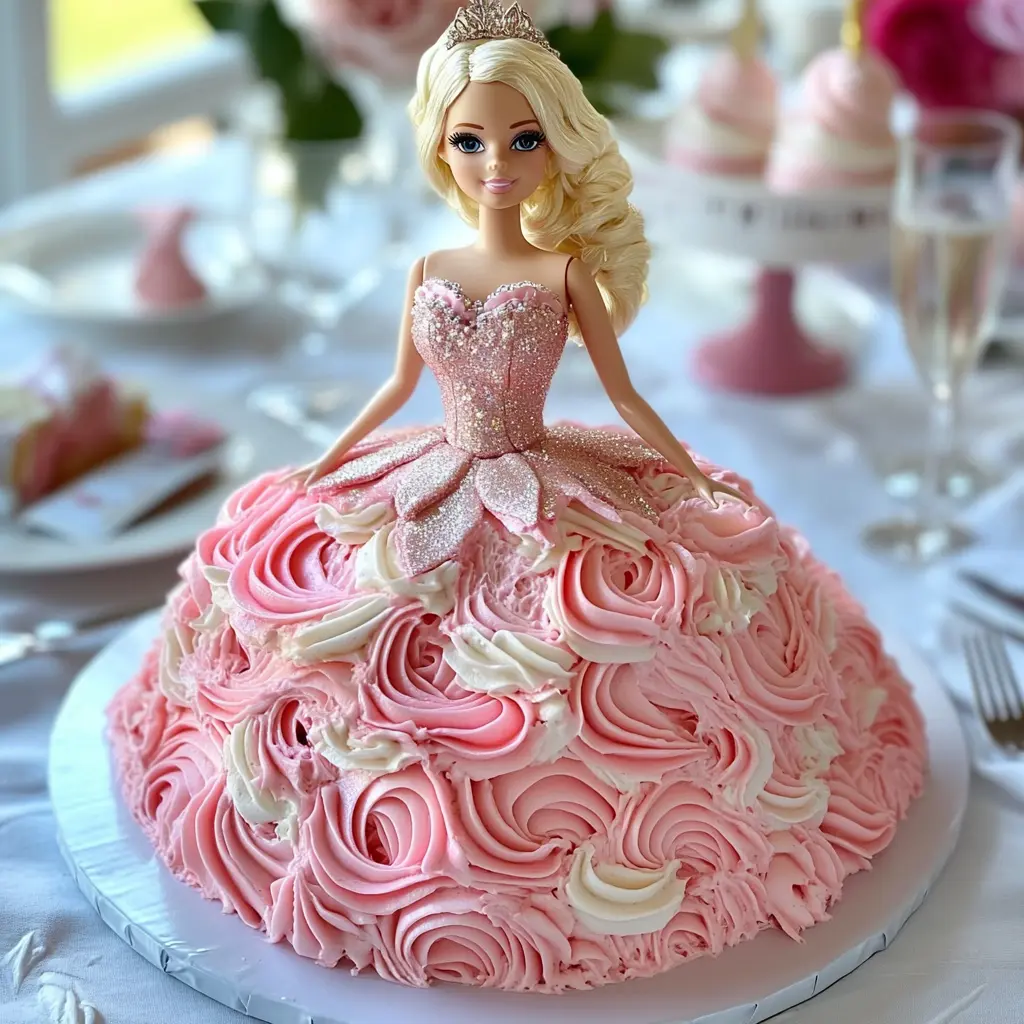 A realistic Barbie doll cake with a pink frosted gown on a decorated party table, ideal for a child's birthday