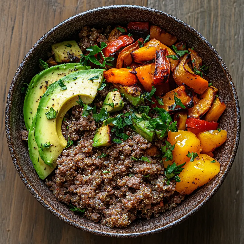 Healthy ground beef bowl with quinoa and roasted vegetables in a rustic bowl