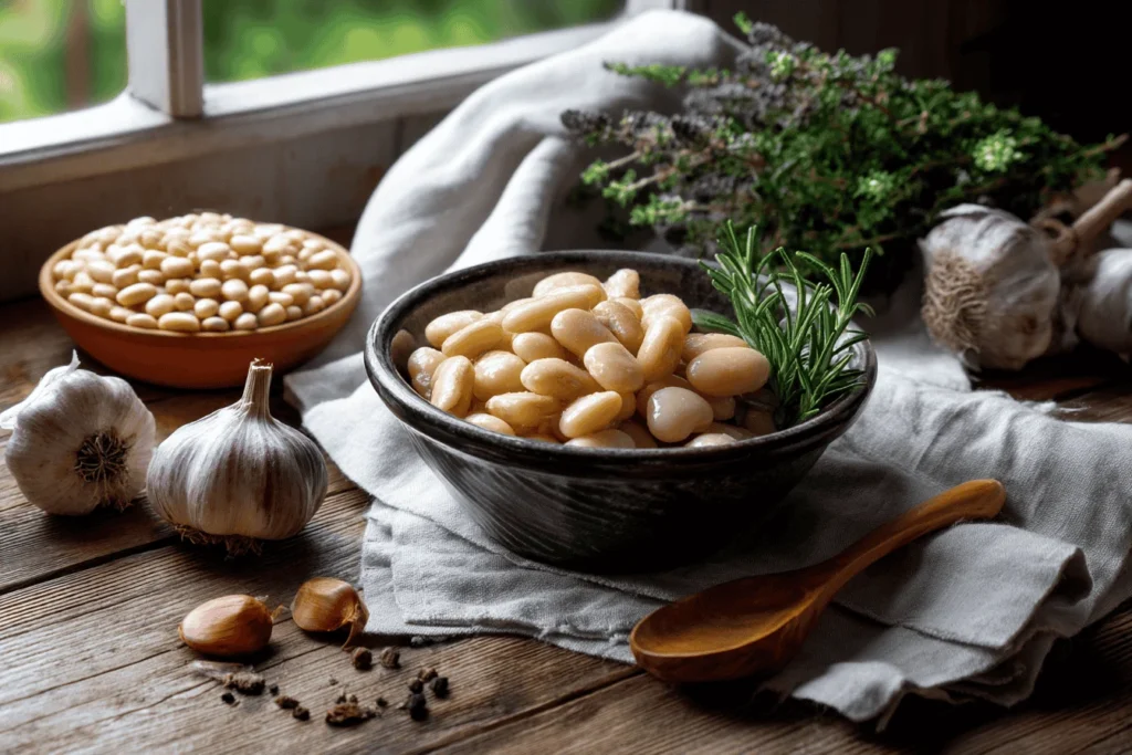 Bowl of cooked Great Northern Beans with herbs and garlic in a rustic kitchen setting