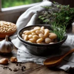 Bowl of cooked Great Northern Beans with herbs and garlic in a rustic kitchen setting
