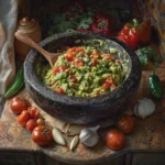 A traditional volcanic stone molcajete with guacamole and roasted salsa surrounded by ingredients on a rustic Mexican kitchen table.