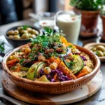 Moroccan couscous with seven vegetables served on a round platter with chickpeas, carrots, zucchini, and warm spices