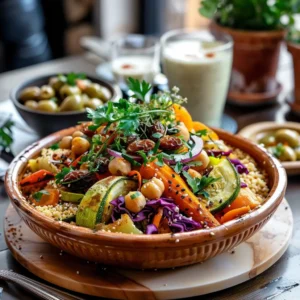 Moroccan couscous with seven vegetables served on a round platter with chickpeas, carrots, zucchini, and warm spices