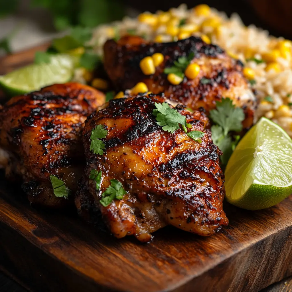 Juicy chipotle chicken thighs grilled to perfection with lime and cilantro garnish