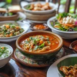 A vibrant collection of the most popular Thai dishes, featuring Pad Thai, Tom Yum Soup, Green Curry, and Mango Sticky Rice, each with distinct colors and textures.