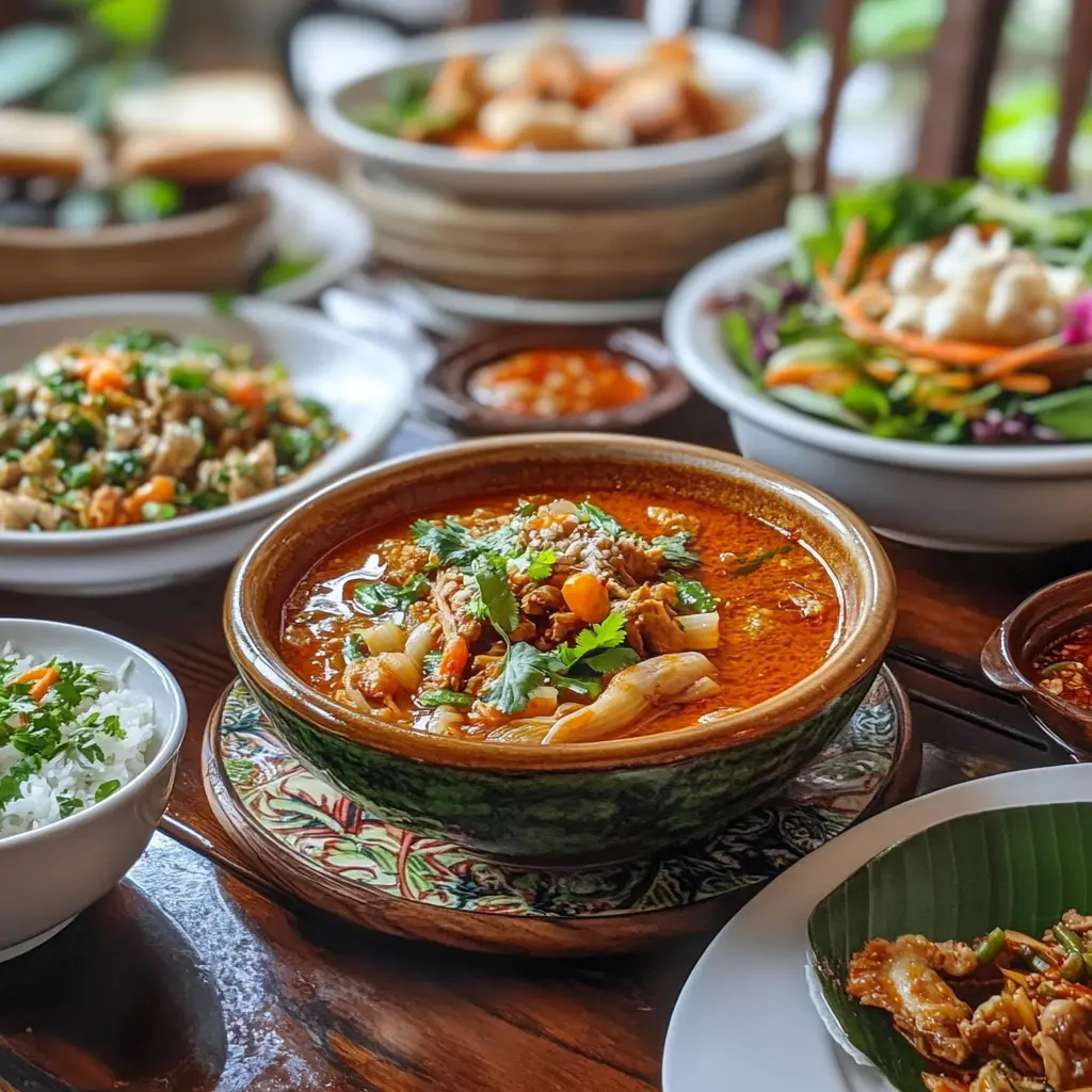 A vibrant collection of the most popular Thai dishes, featuring Pad Thai, Tom Yum Soup, Green Curry, and Mango Sticky Rice, each with distinct colors and textures.