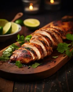 A close-up of smoky grilled chipotle chicken breasts with char marks, served with lime wedges and fresh cilantro on a rustic wooden plate