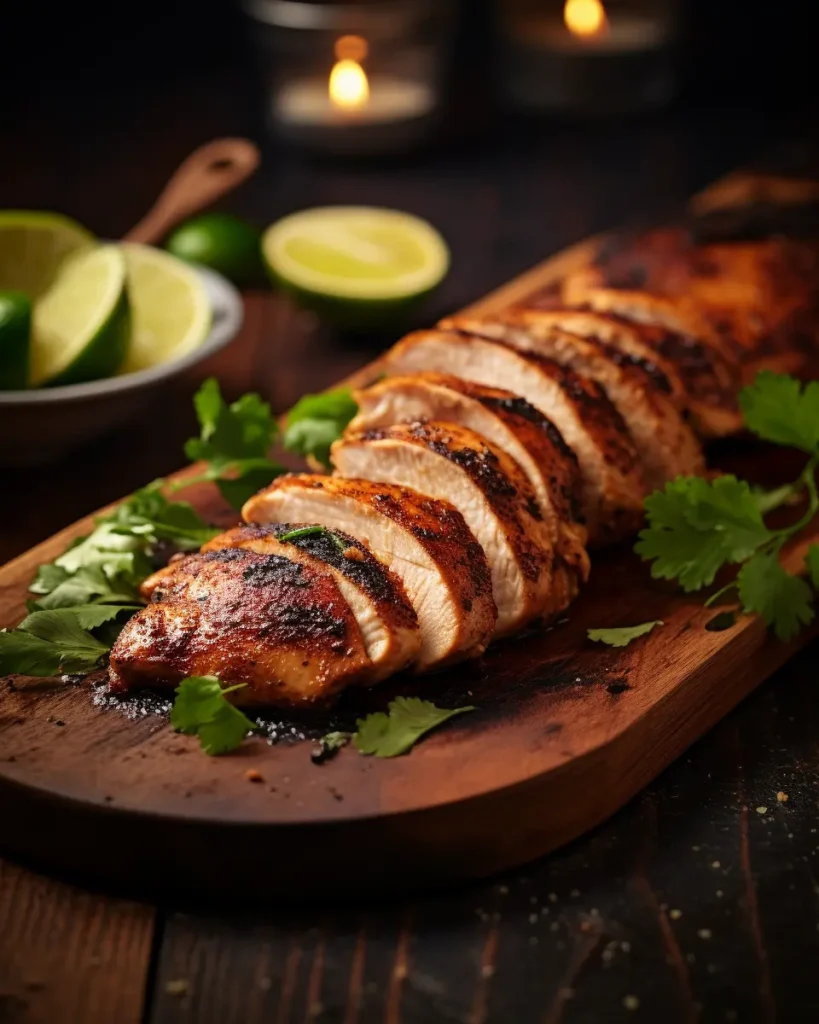 A close-up of smoky grilled chipotle chicken breasts with char marks, served with lime wedges and fresh cilantro on a rustic wooden plate
