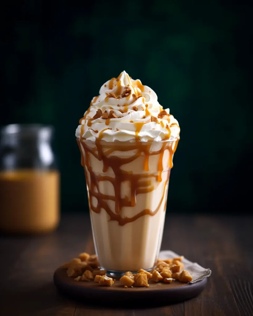 A realistic image of Starbucks Caramel Ribbon Crunch Frappuccino with whipped cream, caramel drizzle, and crunchy topping