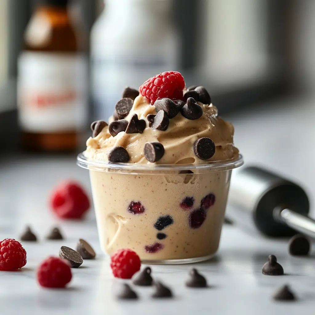 Healthy Ninja Creami dessert topped with berries and chocolate chips in a pint container