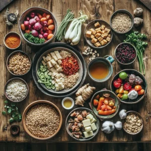 Top-down view of six classic food groups: grains, vegetables, fruits, proteins, beverages, and spices on a rustic table.