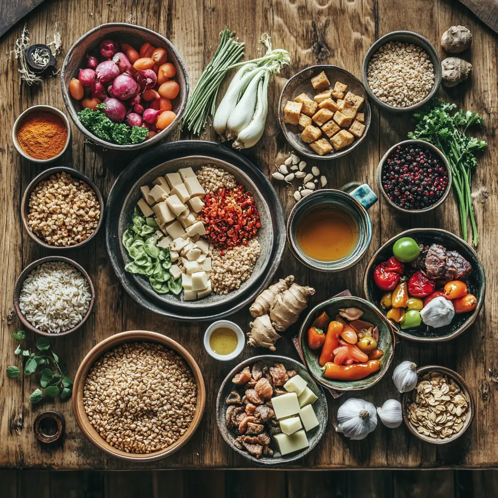 Top-down view of six classic food groups: grains, vegetables, fruits, proteins, beverages, and spices on a rustic table.