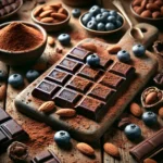 Broken dark chocolate bars surrounded by blueberries, almonds, and cocoa powder on a rustic table