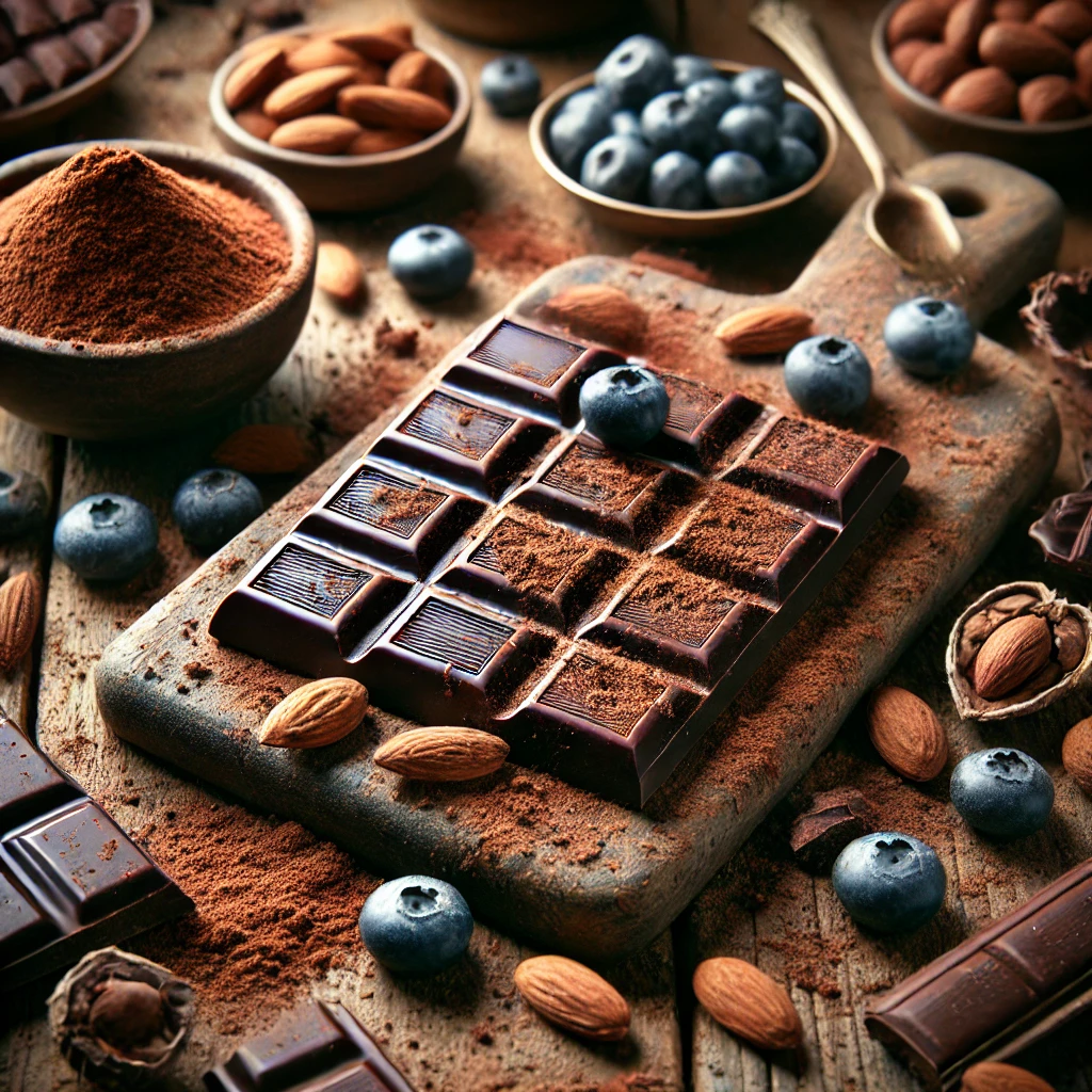 Broken dark chocolate bars surrounded by blueberries, almonds, and cocoa powder on a rustic table